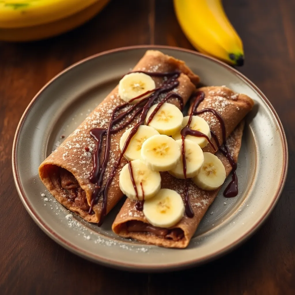 Gorgeous Chocolate Banana Crepes adorned with syrup