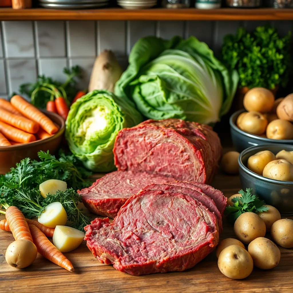 Key ingredients for the dish including corned beef and fresh cabbage