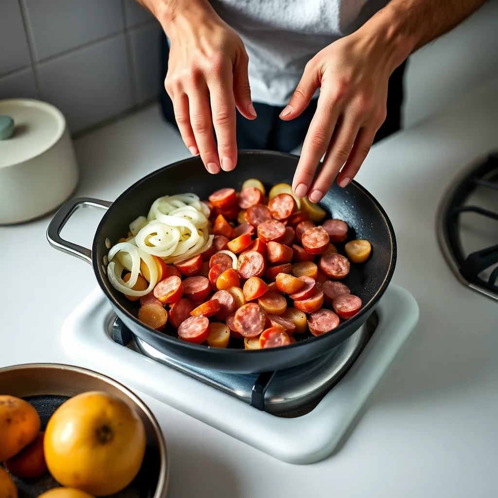 Ingredients for Easy Kielbasa Skillet Dinner laid out