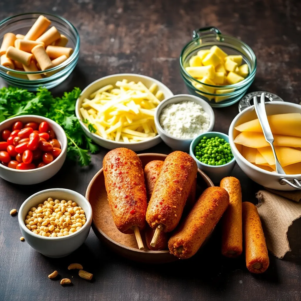 A display of ingredients used in Homemade Corn Dogs