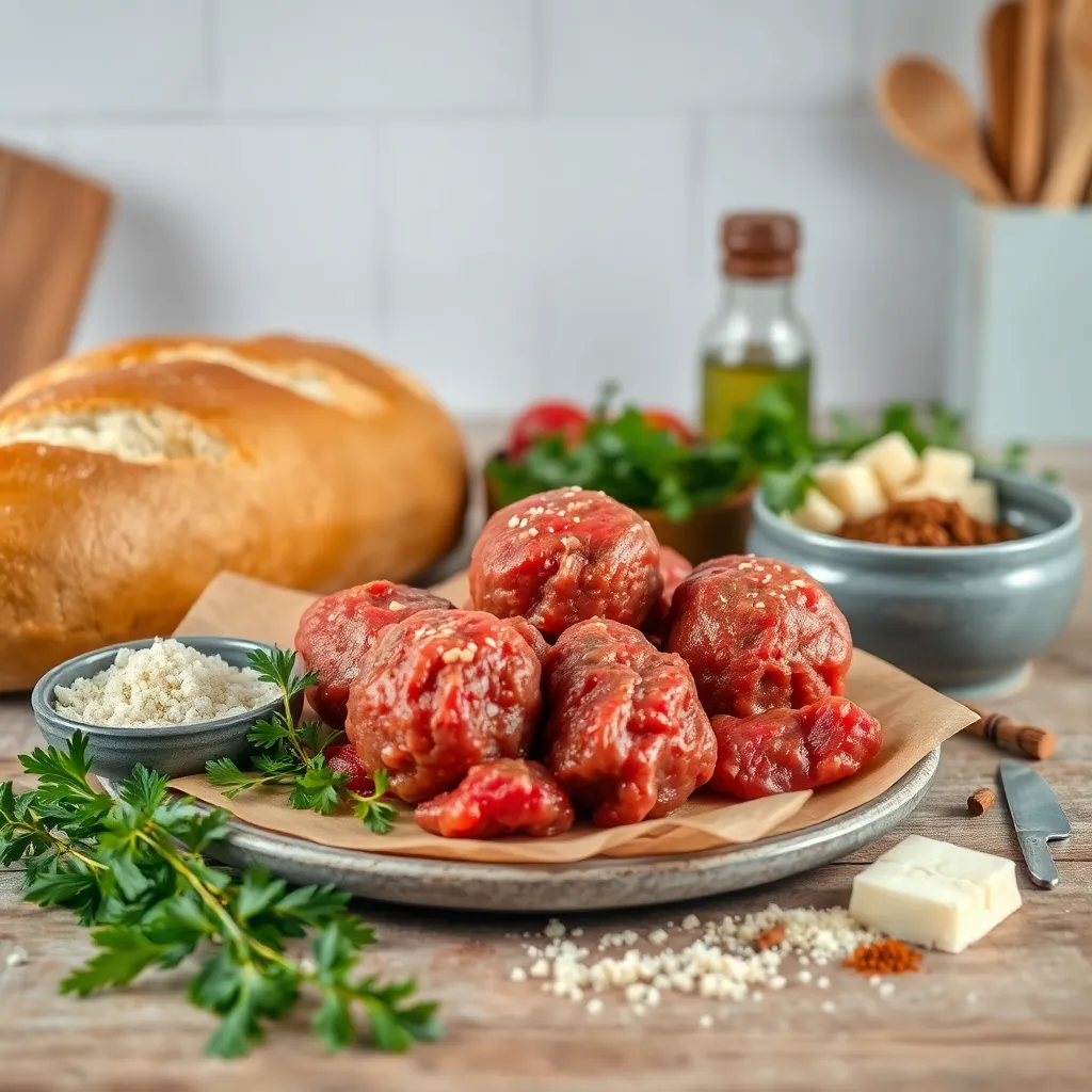 A collection of ingredients used in making Meatball Sandwich