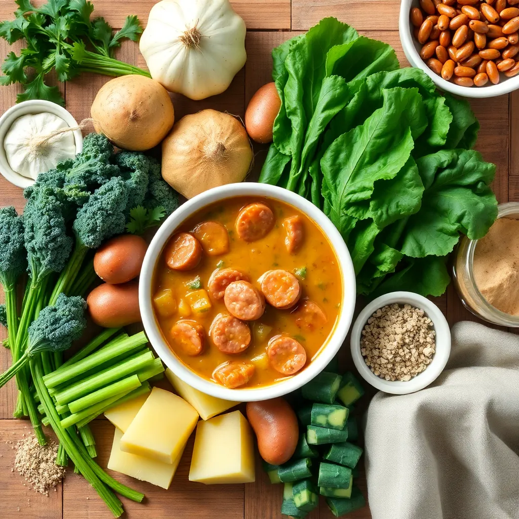 Array of ingredients for Sausage Potato and Kale Soup