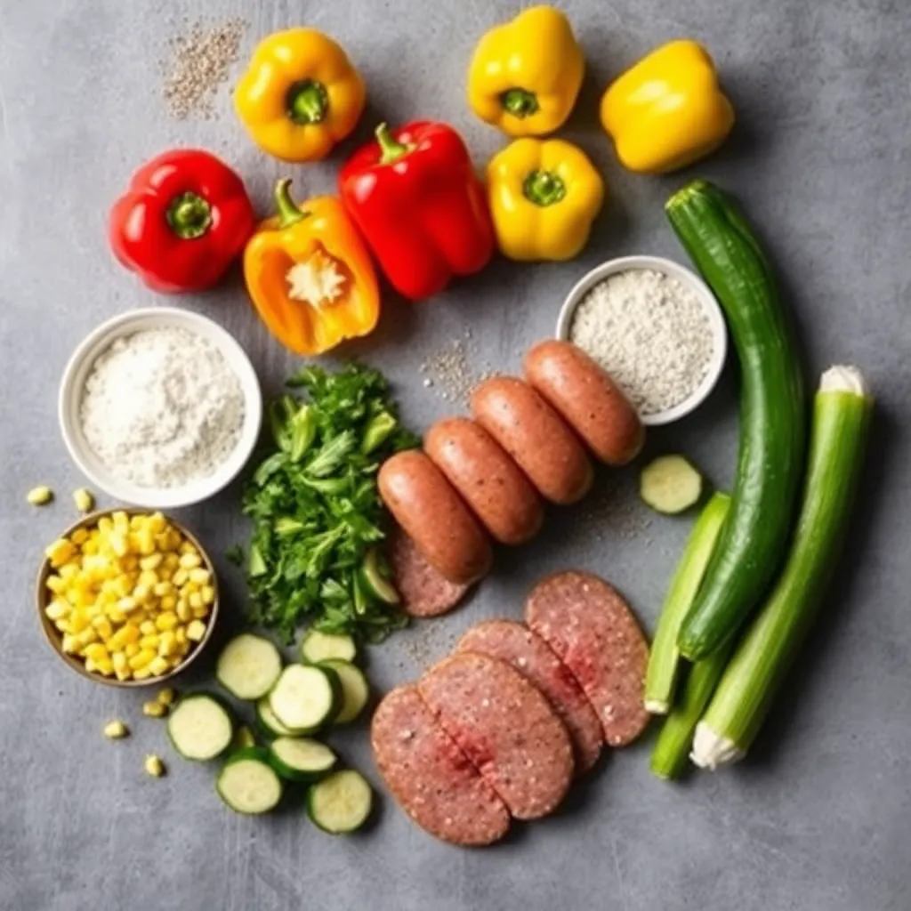 Key ingredients for Skillet Sausage and Vegetables featuring fresh produce