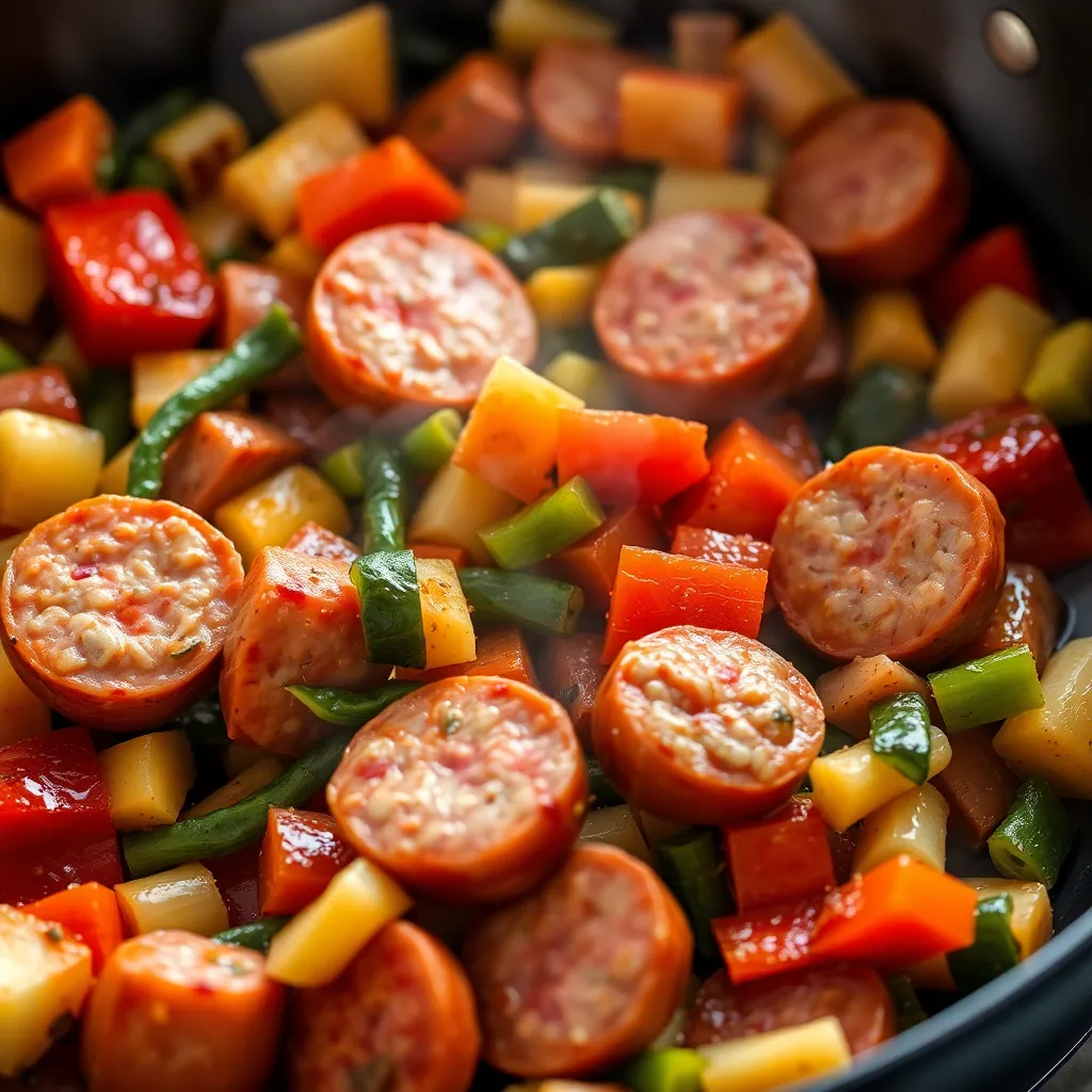 Ingredients used in Skillet Sausage and Vegetables laid out on a wooden board