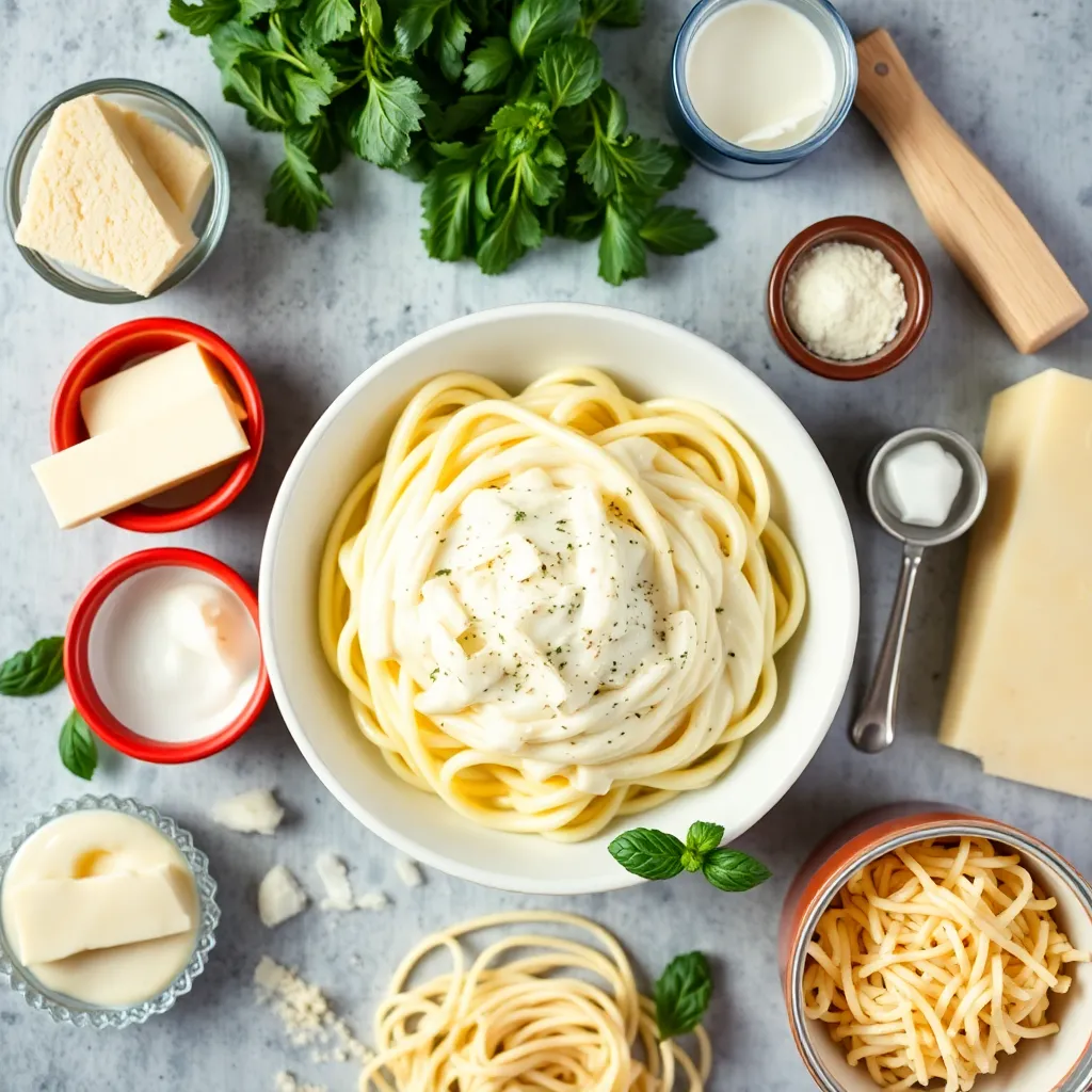 Close-up of ingredients used in To Die For Fettuccine Alfredo