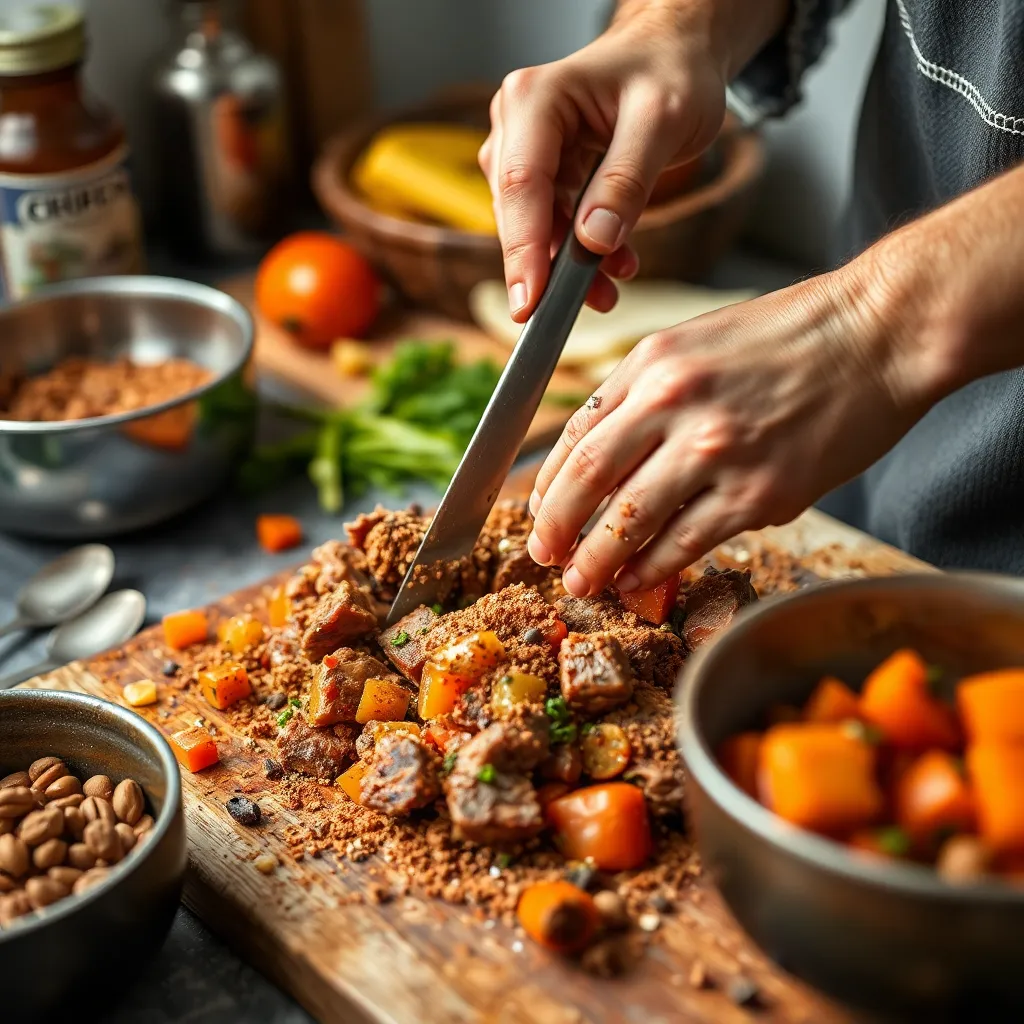 A variety of spices and fresh vegetables for beef stew