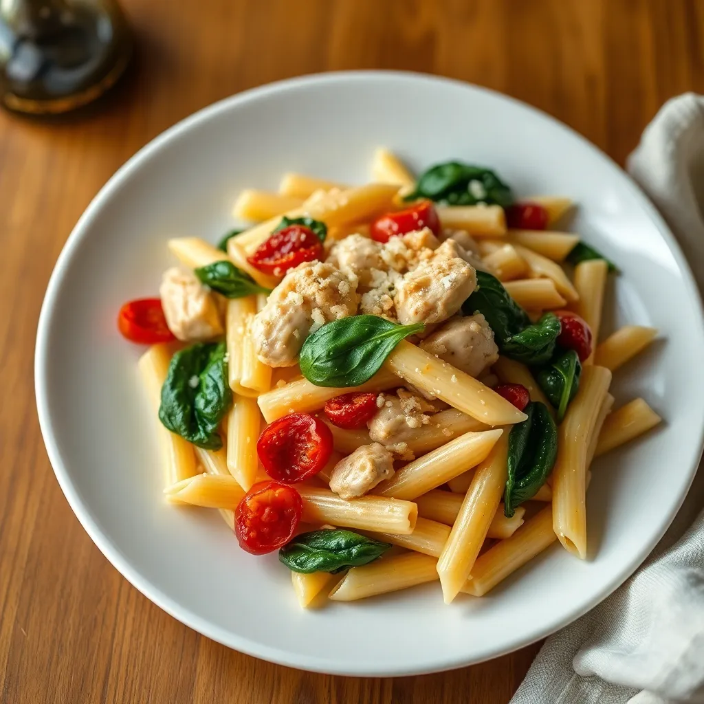 A delicious and creamy Tuscan chicken pasta dish ready to be served