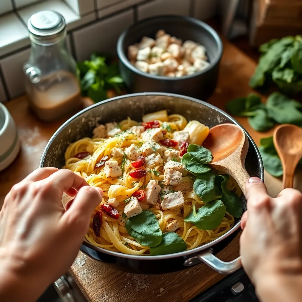 Key ingredients for creamy Tuscan chicken pasta including chicken, pasta, and fresh spinach