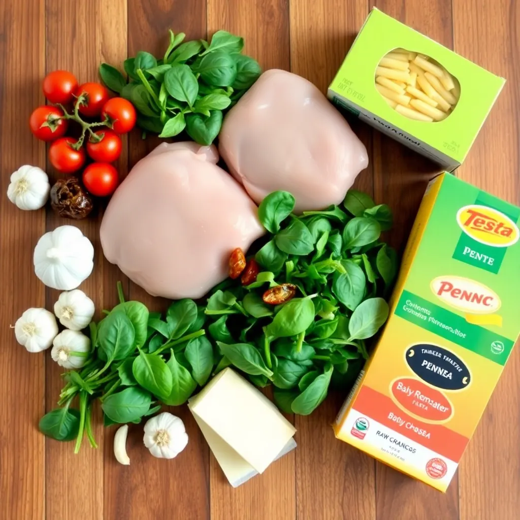 Ingredients used in creamy Tuscan chicken pasta including chicken, cream, and Parmesan cheese