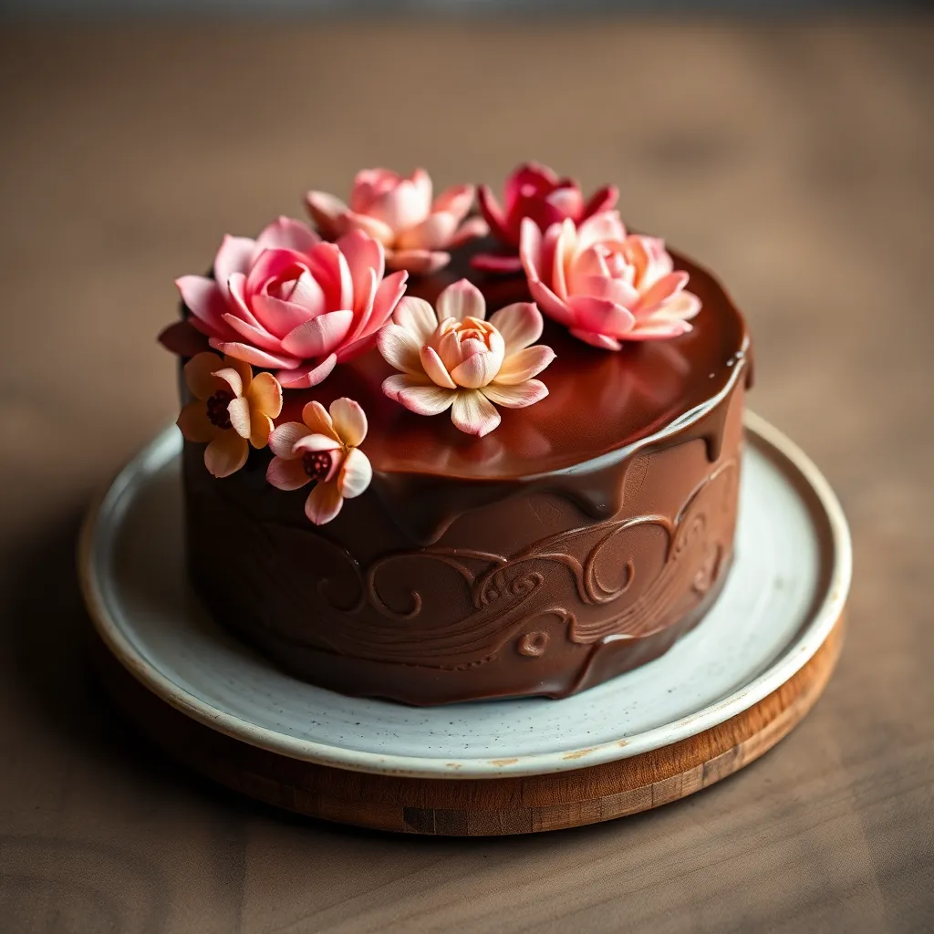 Image of elegant chocolate ganache cake flowers