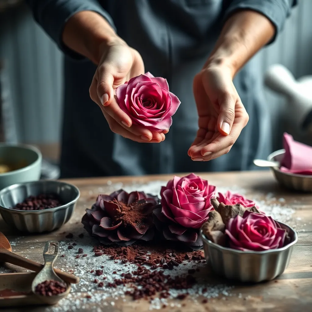 Key ingredients for elegant chocolate ganache cake flowers