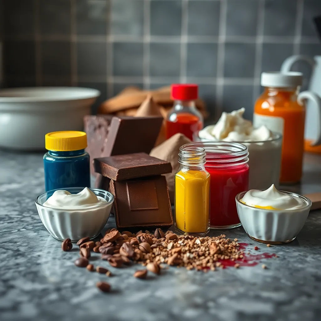 Ingredients used in elegant chocolate ganache cake flowers