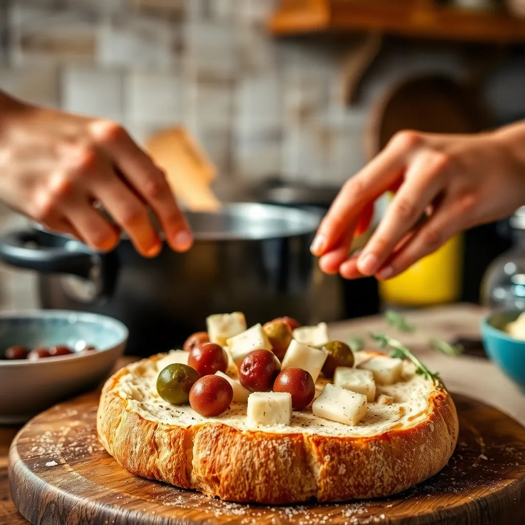 Key ingredients for homemade bread with olives and cheese