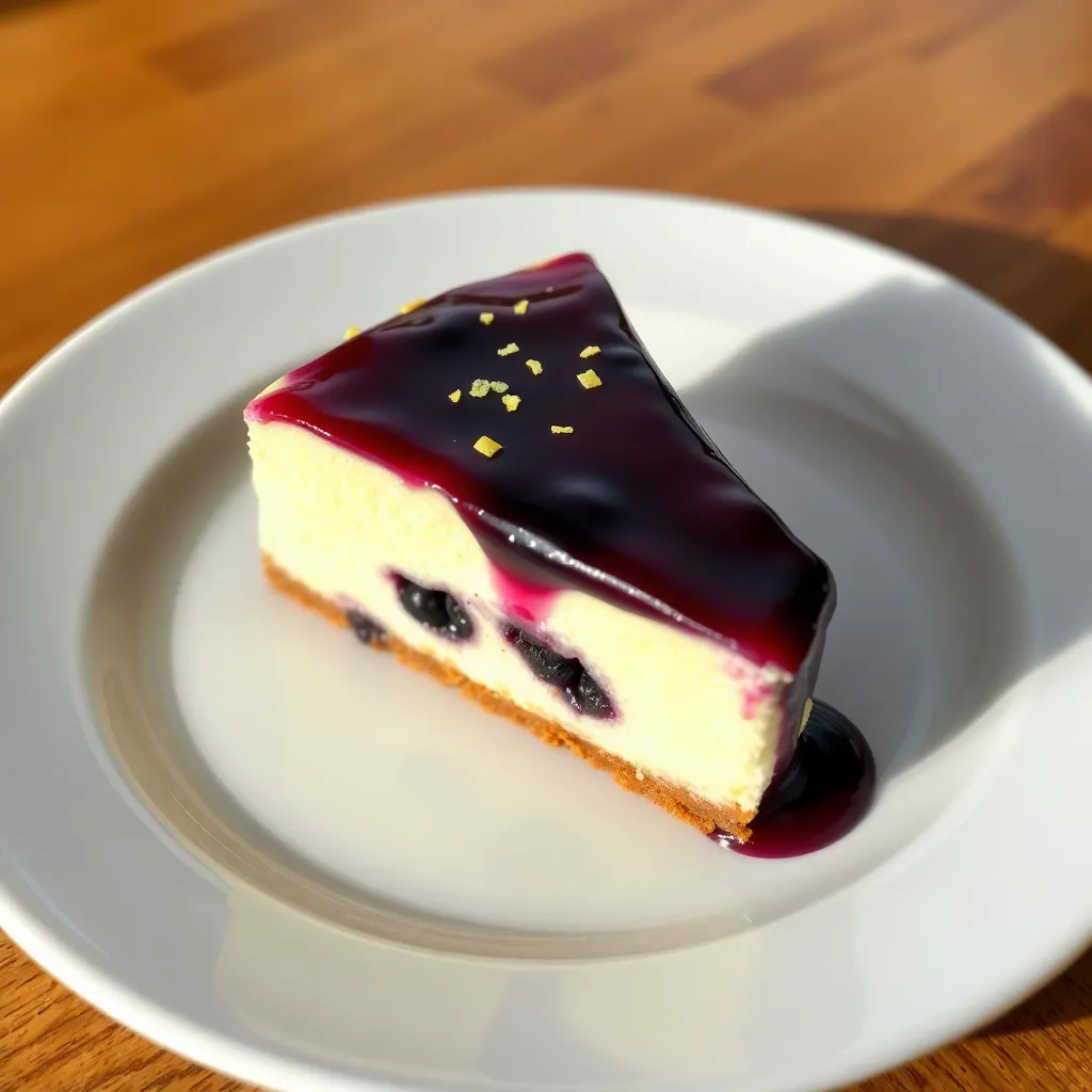 A delicious lemon blueberry cheesecake with fresh berries