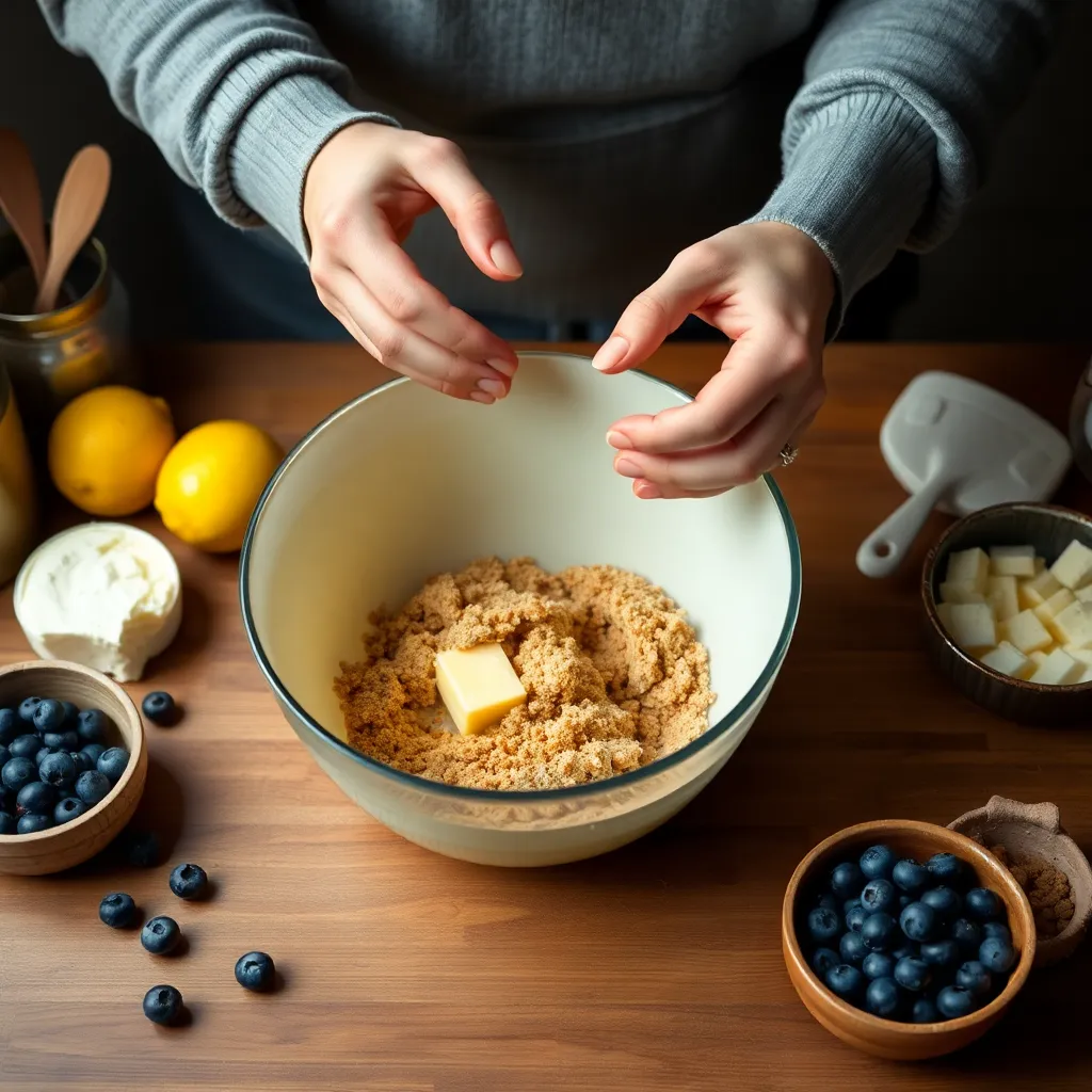 Key ingredients for lemon blueberry cheesecake like lemon and blueberries