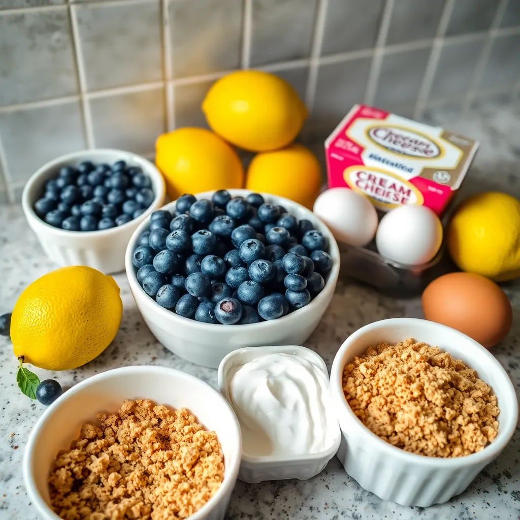 Ingredients used in lemon blueberry cheesecake including cream cheese, lemon, and blueberries