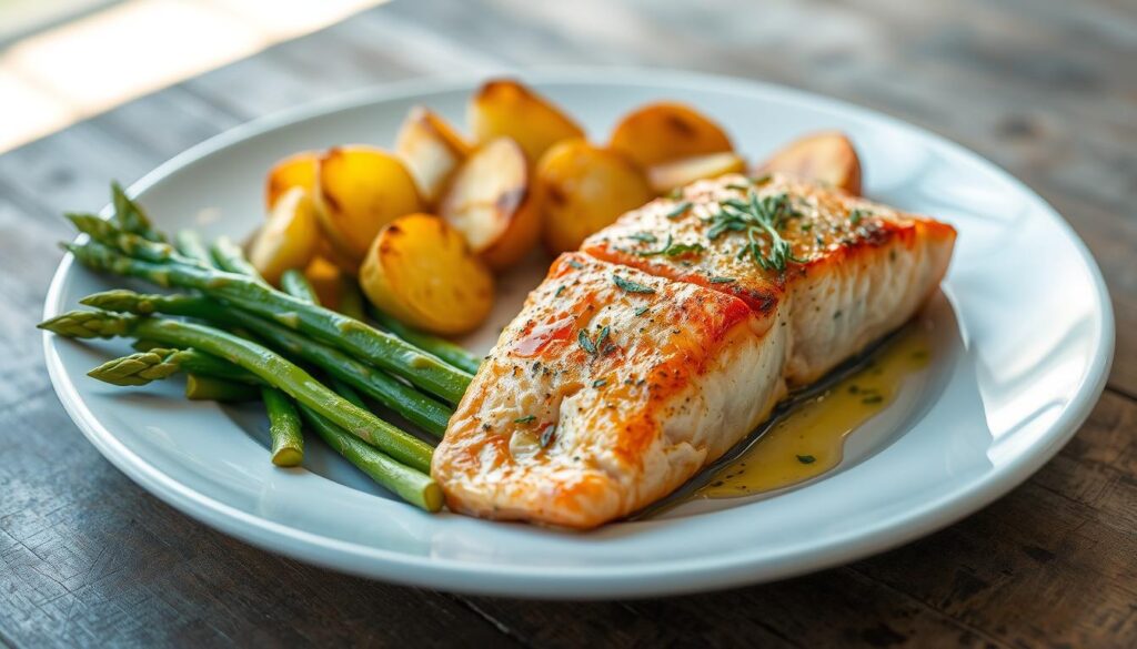 bakes salmon with roasted potatoes and aspargus