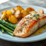 bakes salmon with roasted potatoes and aspargus