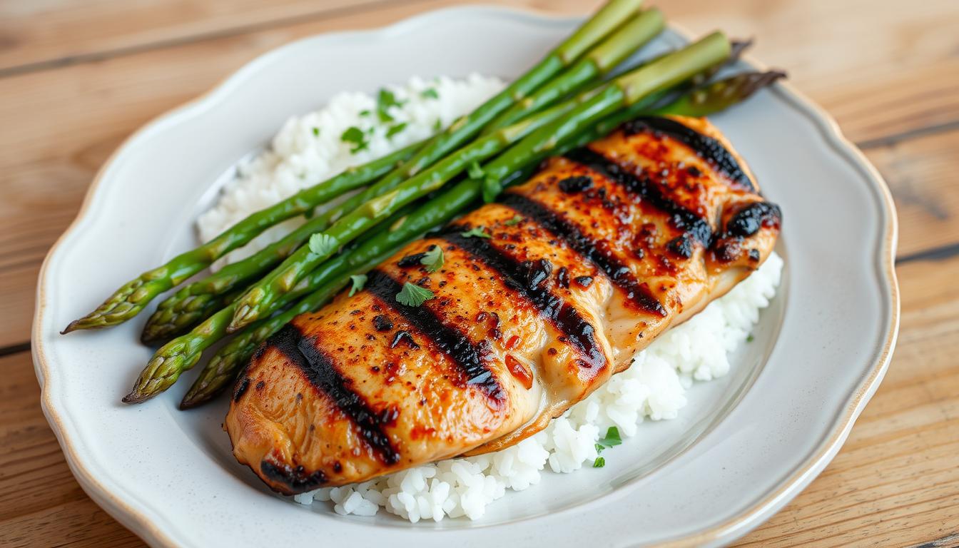 grilled chicken with rice and cooked asparagus